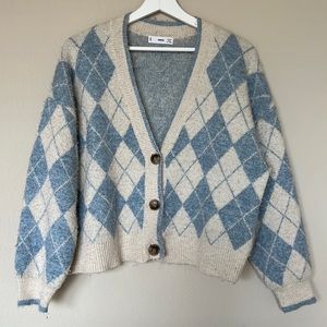 Mango Blue and Cream Argyle Cardigan